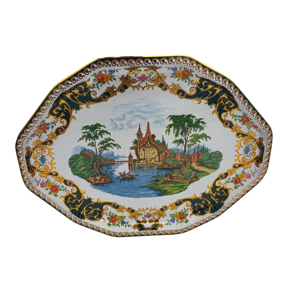 Daher Decorated Ware Tin Tray Vintage Octagonal Chinoiserie Scenic 17x13"
